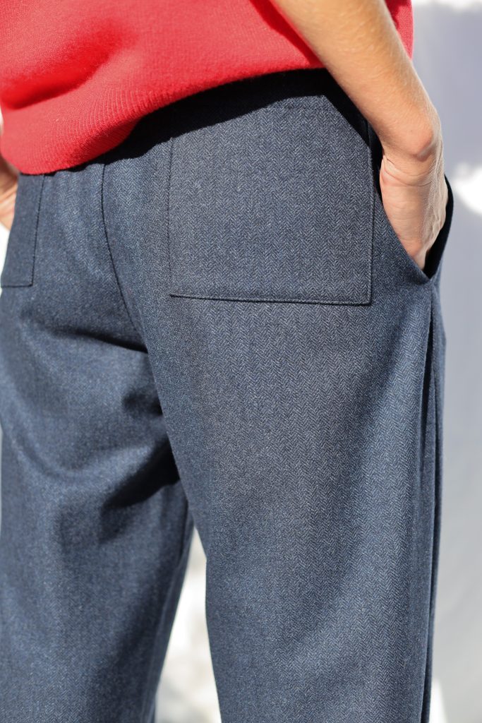 Navy Blue Herringbone Wool-Blend Balloon Style Trousers VIVIAN