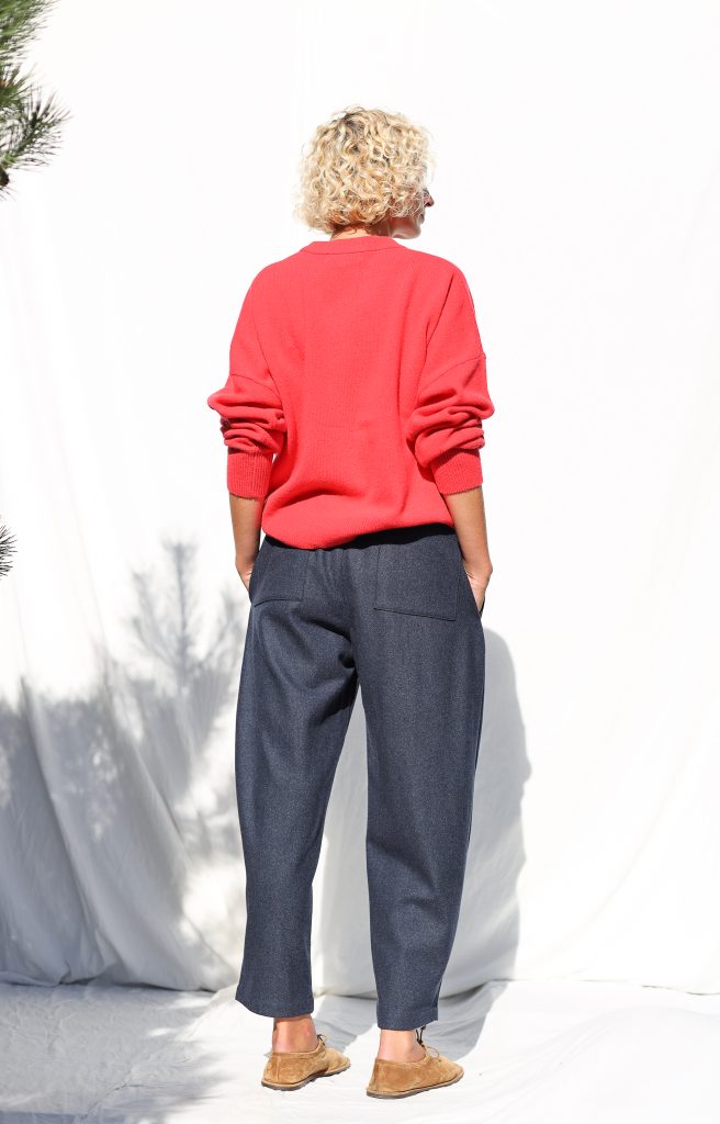 Navy Blue Herringbone Wool-Blend Balloon Style Trousers VIVIAN
