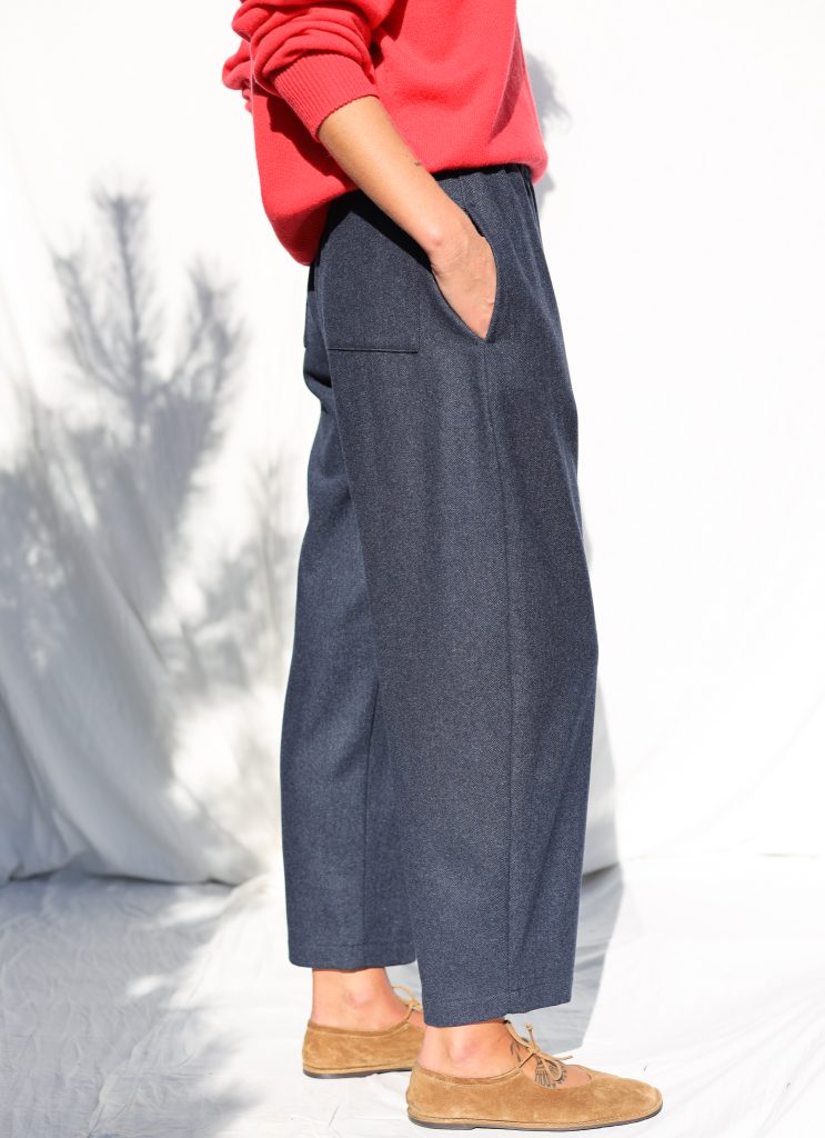 Navy Blue Herringbone Wool-Blend Balloon Style Trousers VIVIAN