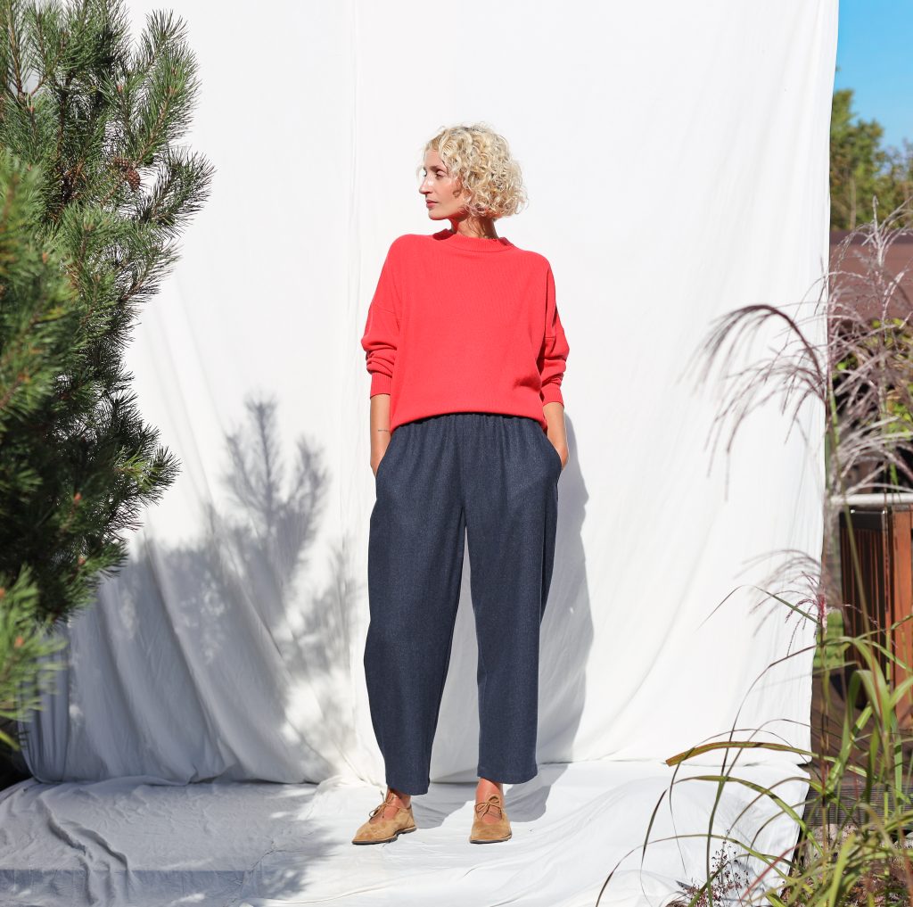 Navy Blue Herringbone Wool-Blend Balloon Style Trousers VIVIAN