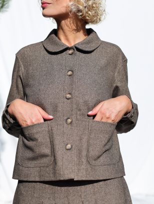 Brown Herringbone Wool-Blend Cropped Jacket | Jacket | Sustainable clothing | OffOn clothing