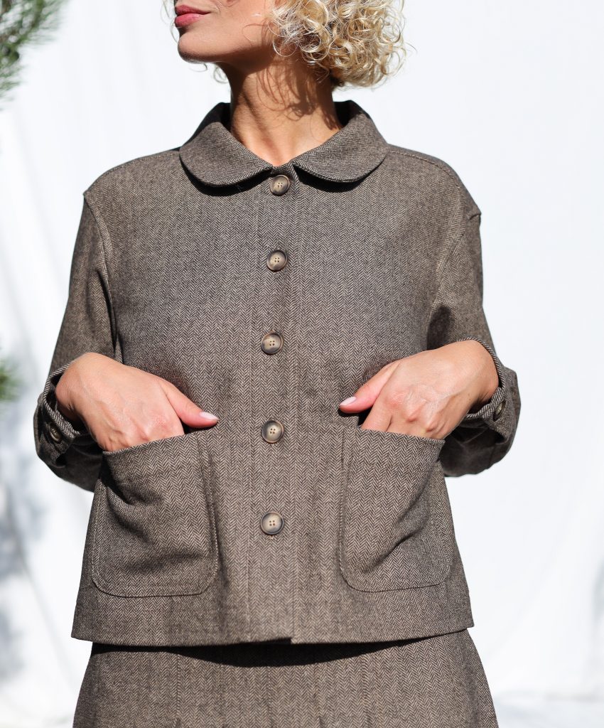 Brown Herringbone Wool-Blend Cropped Jacket | Jacket | Sustainable clothing | OffOn clothing