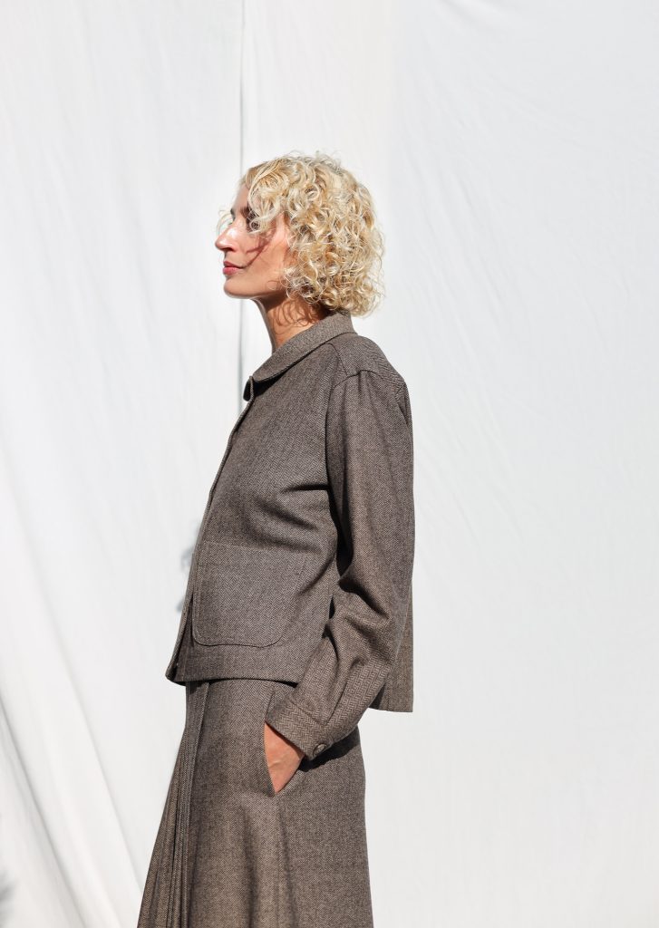 Brown Herringbone Wool-Blend Cropped Jacket