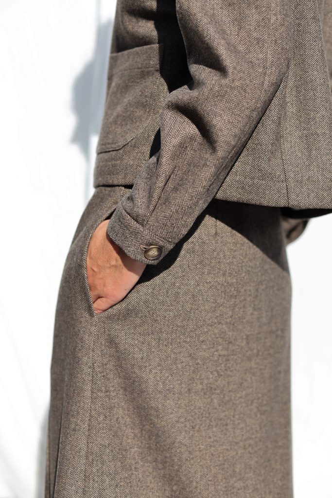 Brown Herringbone Wool-Blend Cropped Jacket