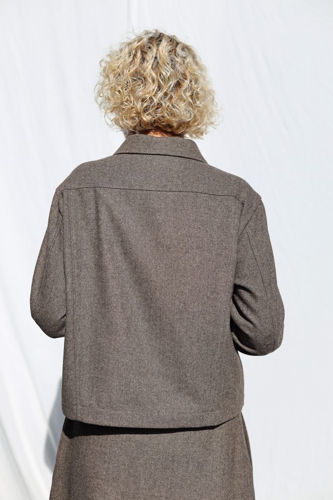 Brown Herringbone Wool-Blend Cropped Jacket