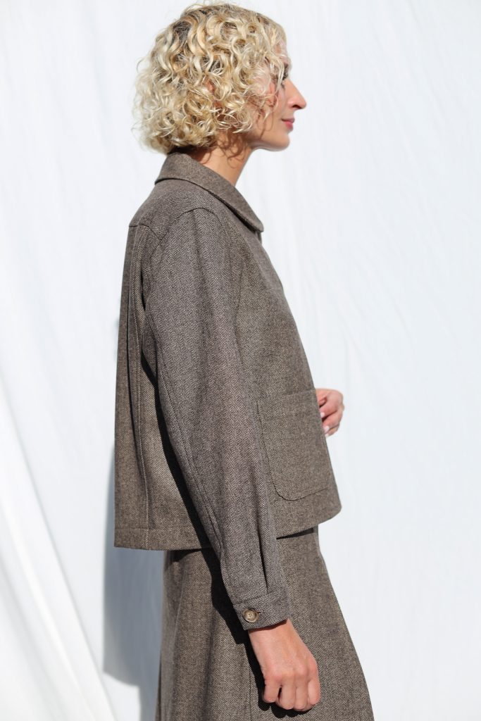 Brown Herringbone Wool-Blend Cropped Jacket