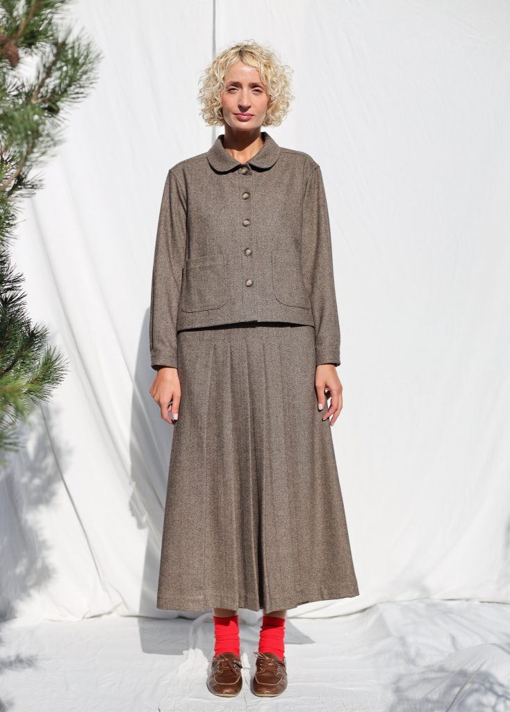 Brown Herringbone Wool-Blend Cropped Jacket