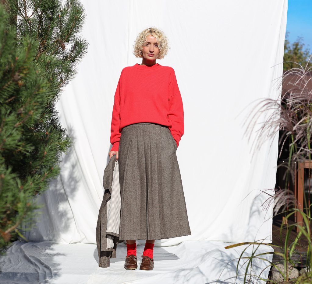 Herringbone Wool Pleated Wrap Skirt