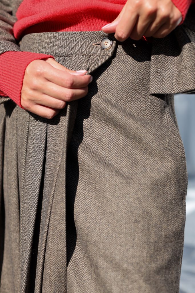 Herringbone Wool Pleated Wrap Skirt