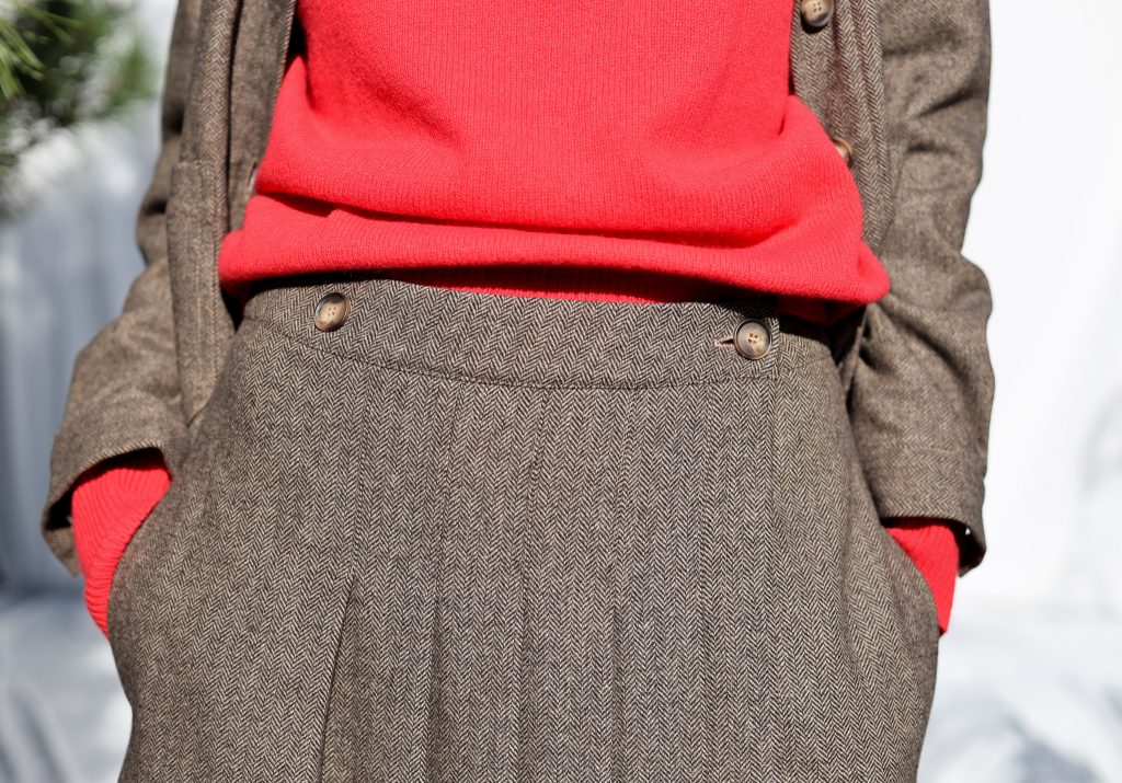 Herringbone Wool Pleated Wrap Skirt