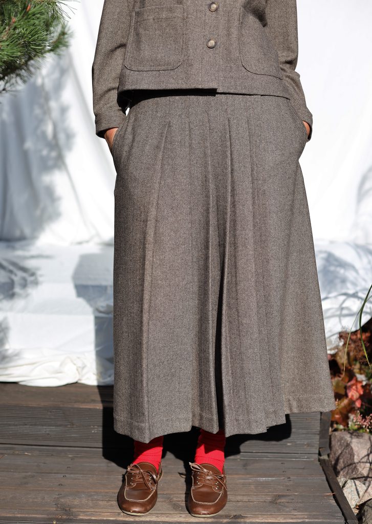 Herringbone Wool Pleated Wrap Skirt