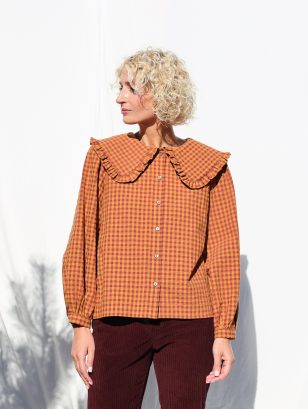 Seersucker Checks Puritan Collar Long Sleeve Blouse | Dress | Sustainable clothing | OffOn clothing