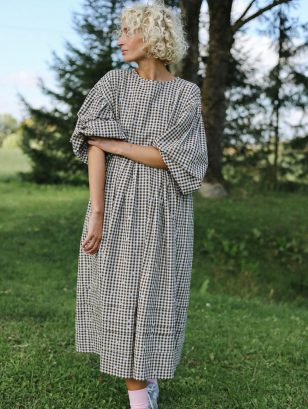 Gingham embroidered flowers puffy sleeves dress | Dress | Sustainable clothing | OffOn clothing