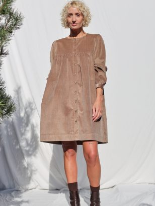 Cacao Needlecord Long Sleeve Dress BERTA | Dress | Sustainable clothing | OffOn clothing