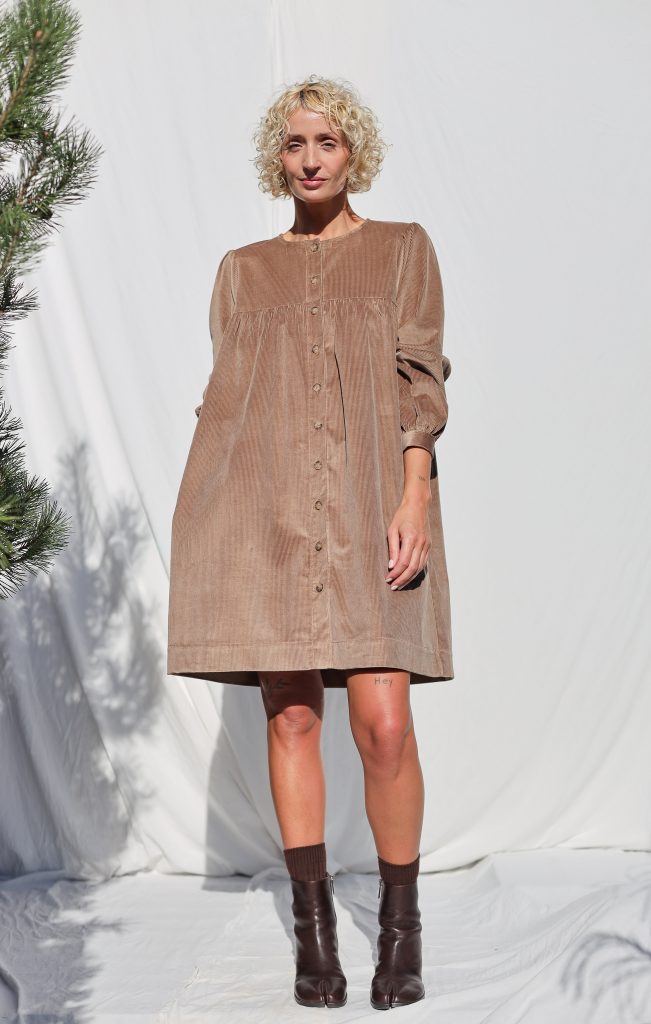 Cacao Needlecord Long Sleeve Dress BERTA | Dress | Sustainable clothing | OffOn clothing
