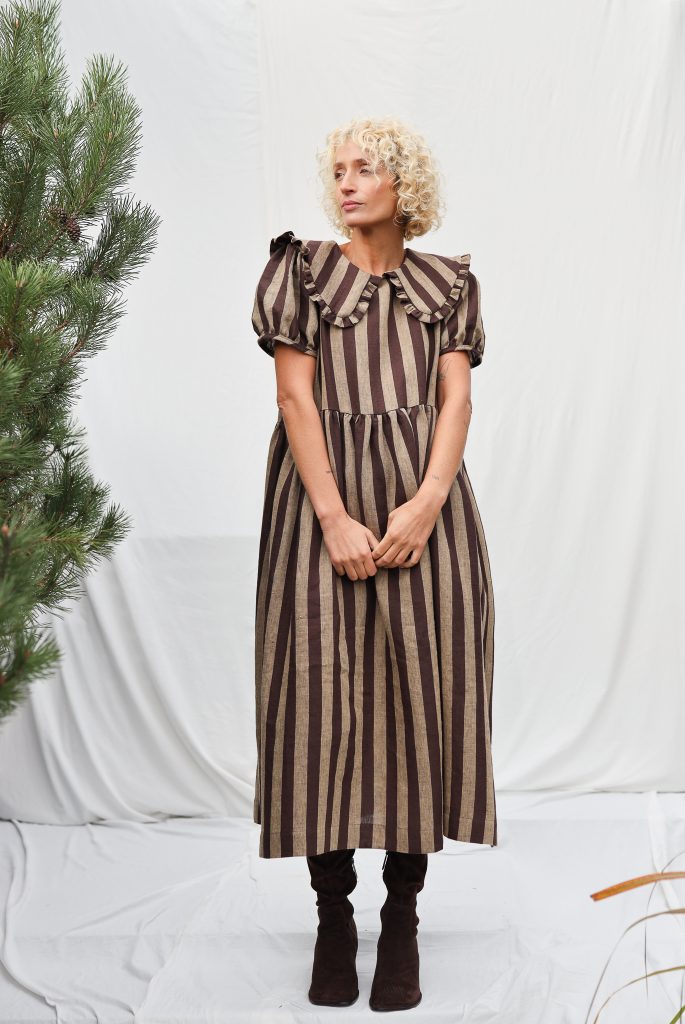 Striped Linen Puritan Collar Dress MARTA | Dress | Sustainable clothing | OffOn clothing
