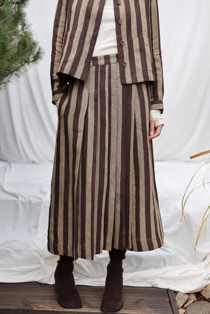 Striped Linen Pleated Wrap Skirt