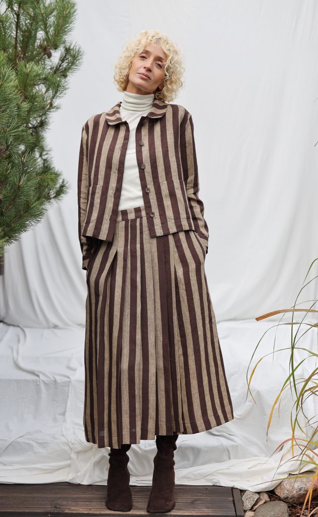 Striped Linen Pleated Wrap Skirt