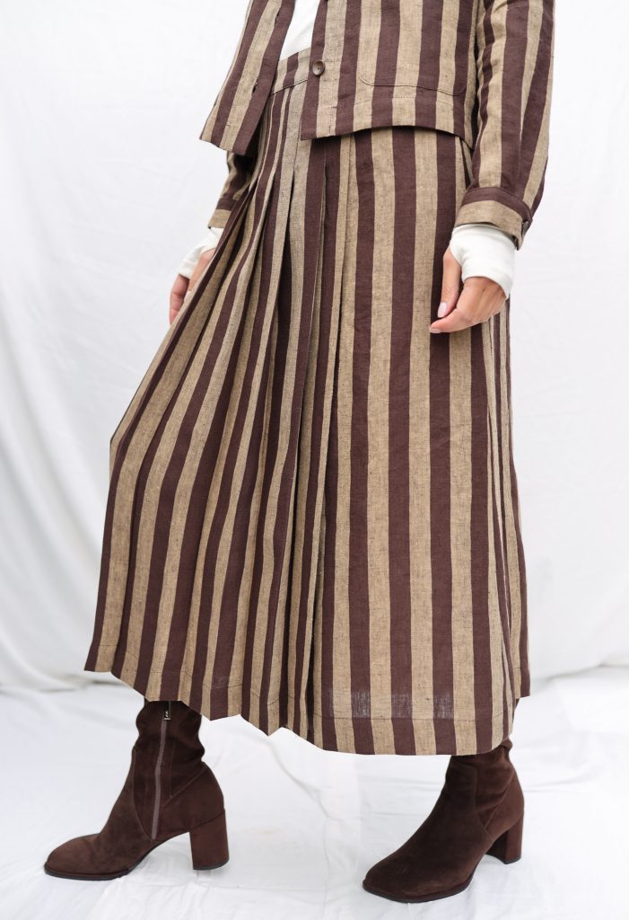 Striped Linen Pleated Wrap Skirt