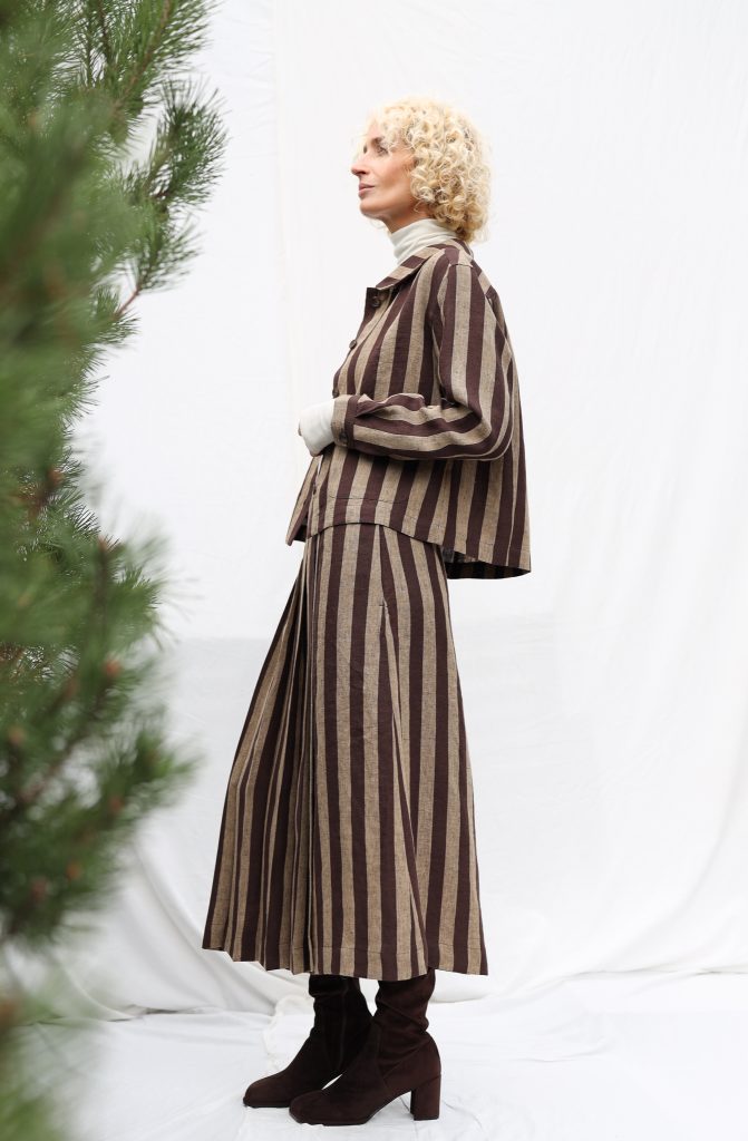 Striped Linen Pleated Wrap Skirt