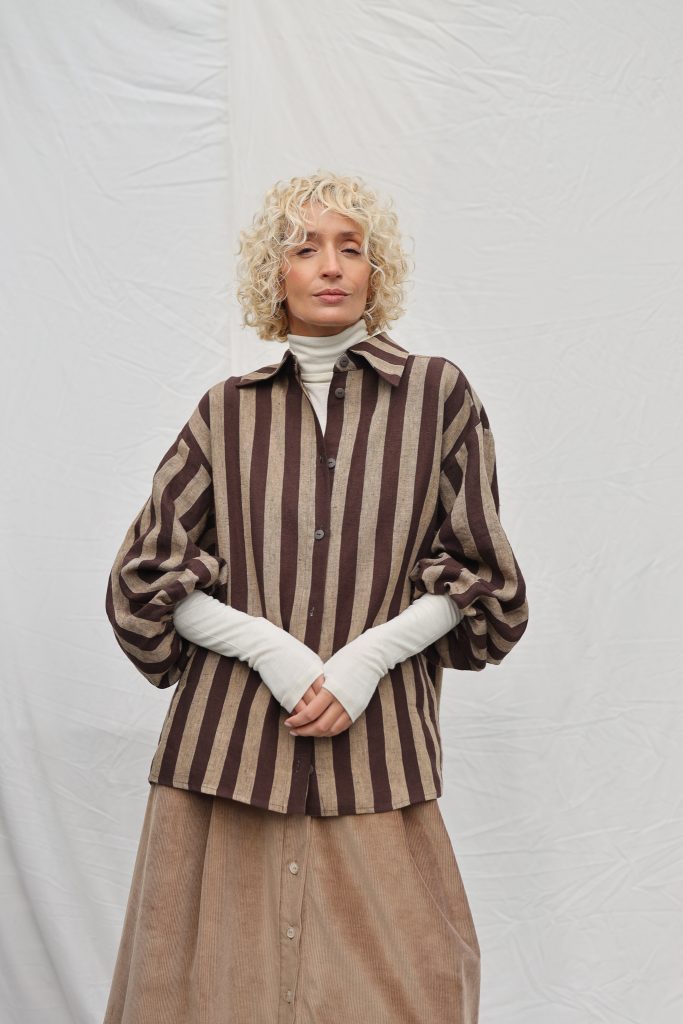 Oversized Long Sleeve Linen Shirt in Stripes ELIAN