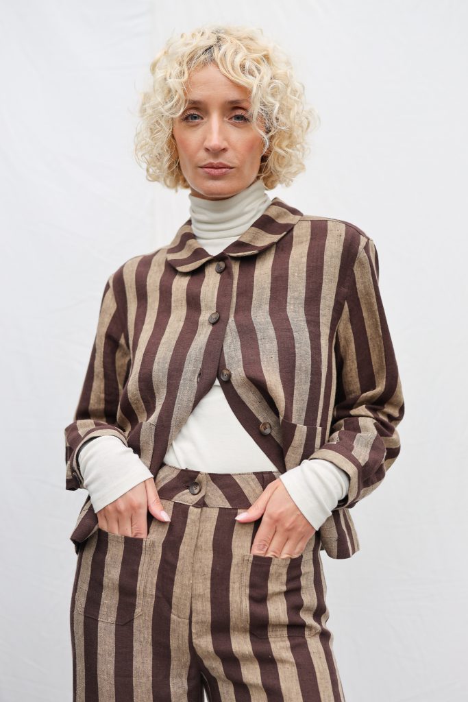 Peter Pan Collar Cropped Linen Jacket in Stripes