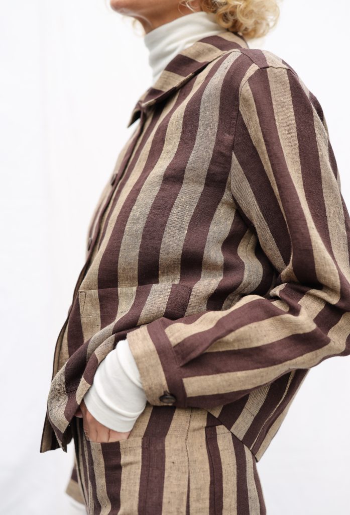 Peter Pan Collar Cropped Linen Jacket in Stripes