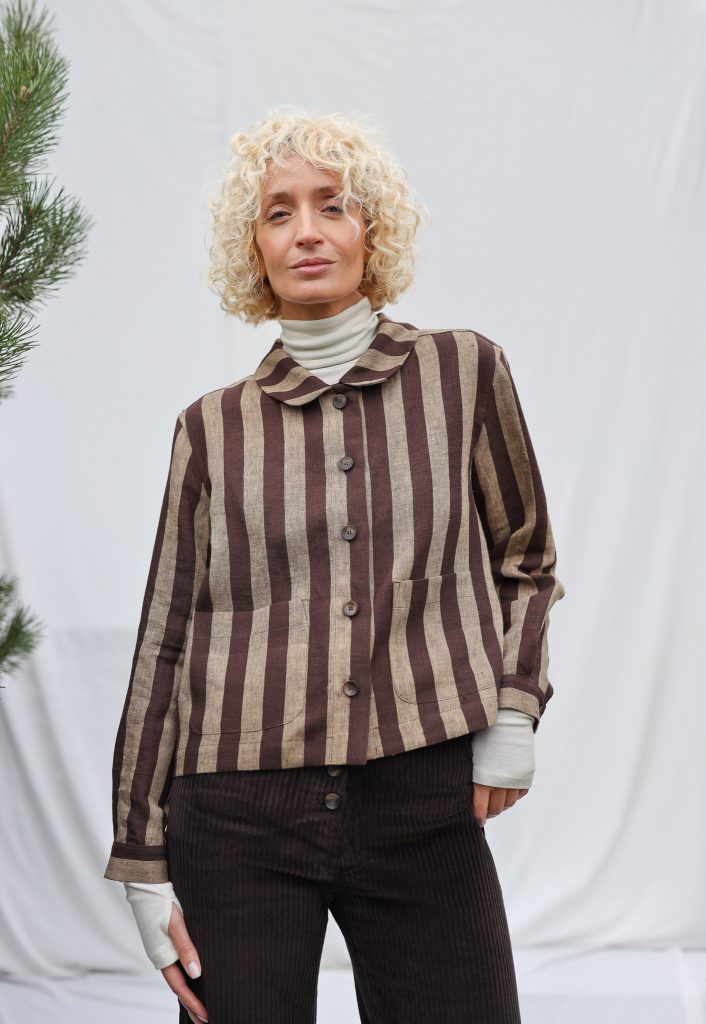 Peter Pan Collar Cropped Linen Jacket in Stripes | Jacket | Sustainable clothing | OffOn clothing