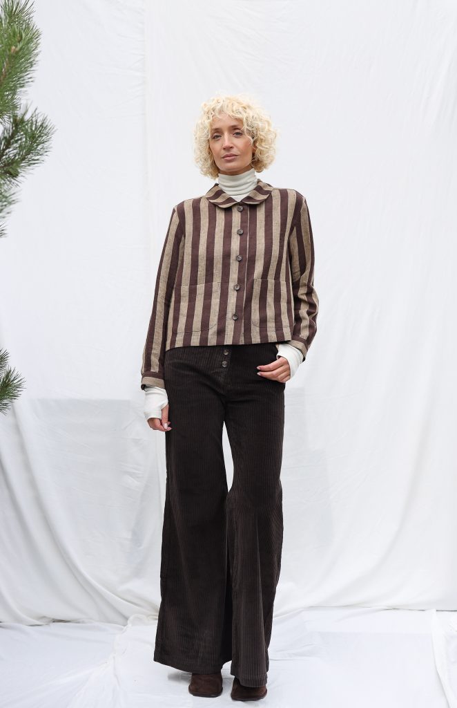 Peter Pan Collar Cropped Linen Jacket in Stripes