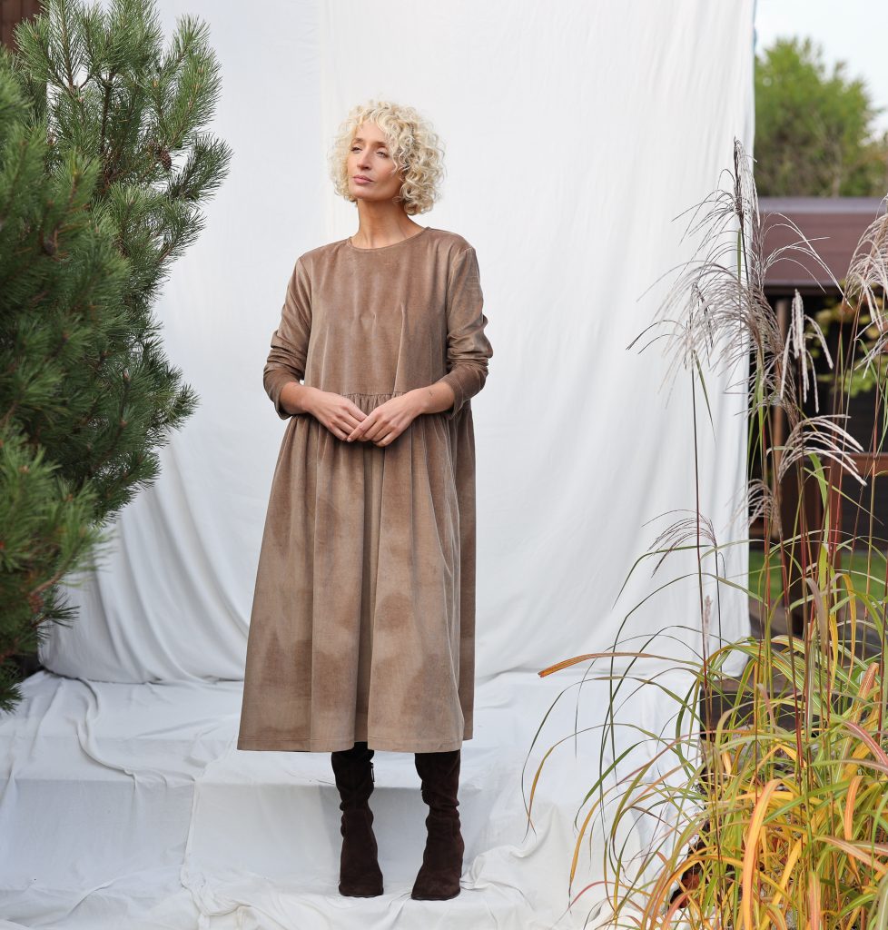 Loose Long Sleeve Cacao Needlecord Dress MILANA
