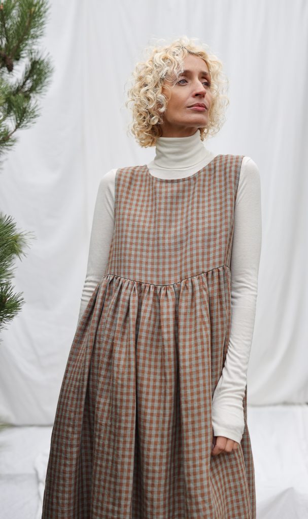 Sleveless Gingham Linen Smock Dress