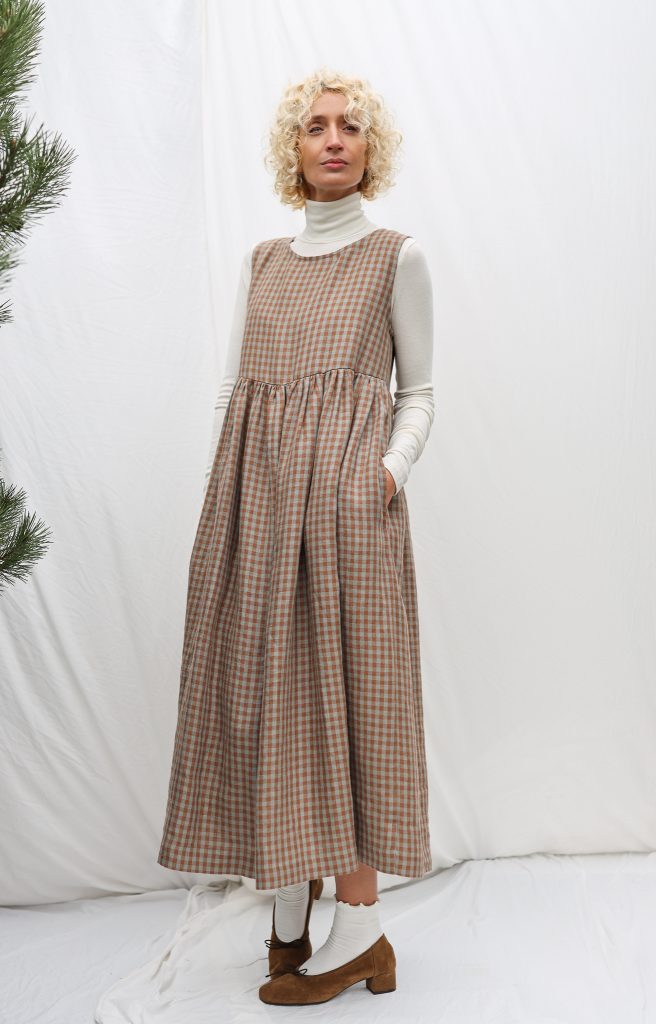 Sleveless Gingham Linen Smock Dress